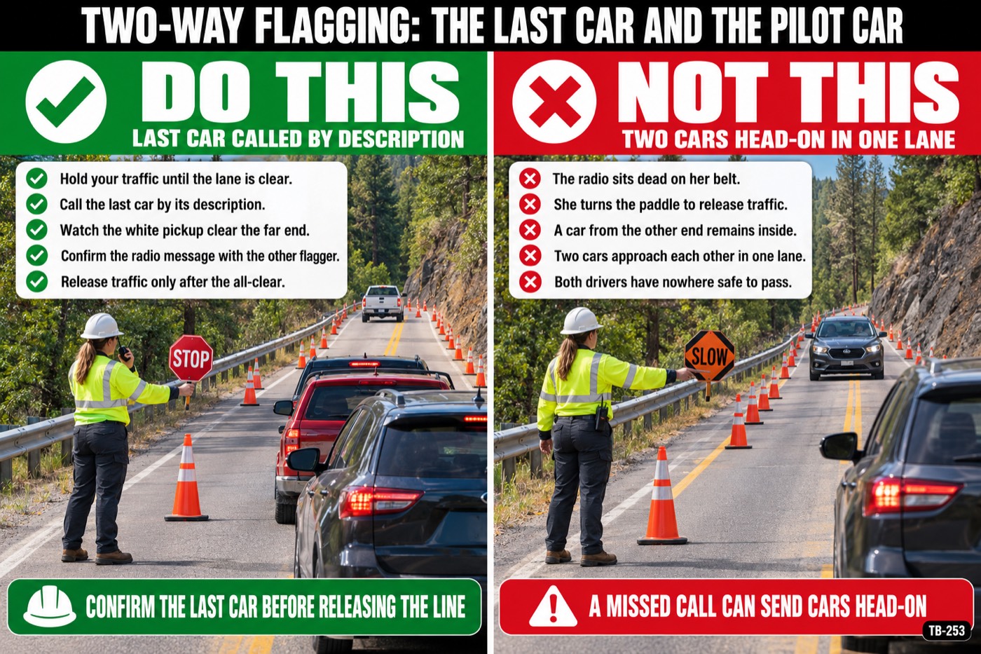 Two-way flagging: the last car and the pilot car: the placard for this talk