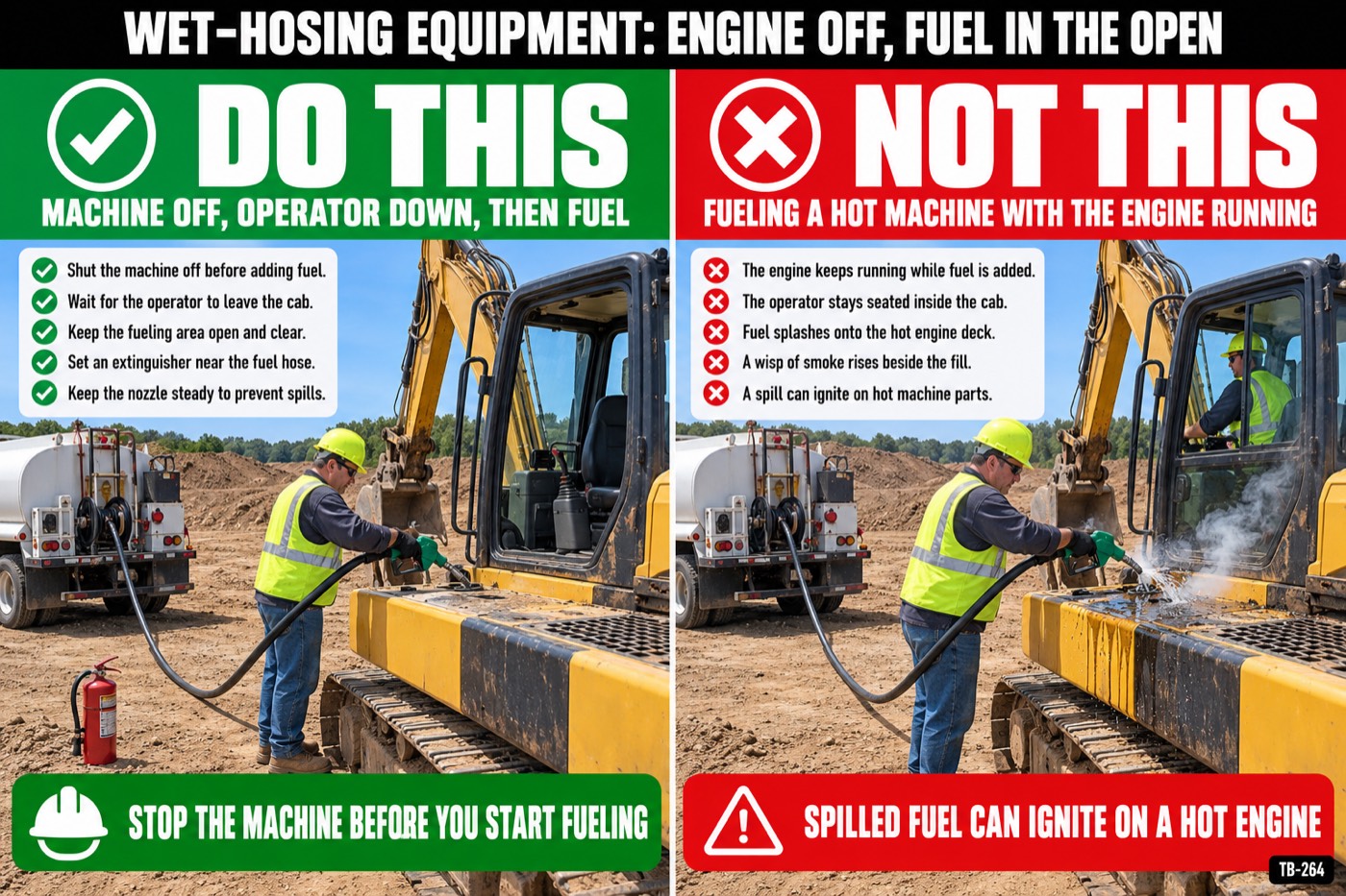 Wet-hosing equipment: engine off, fuel in the open: the placard for this talk