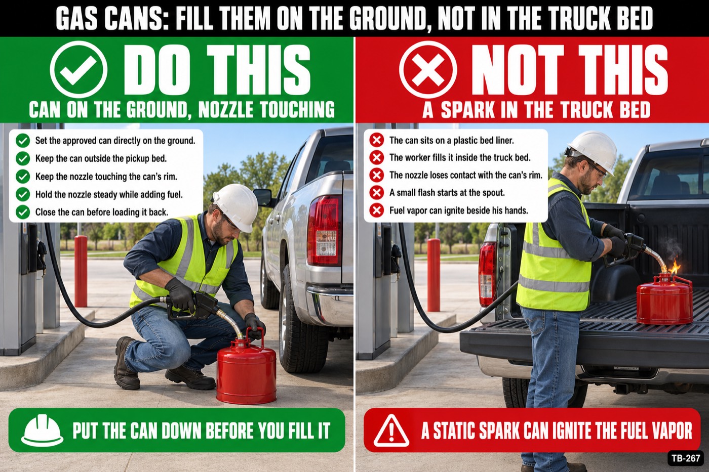 Gas cans: fill them on the ground, not in the truck bed: the placard for this talk