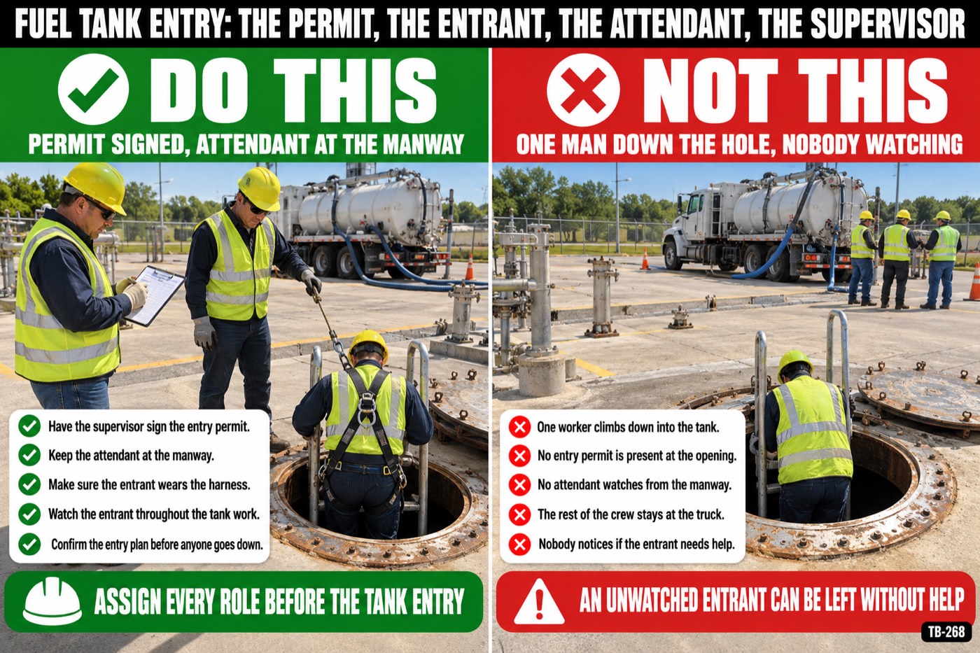 Fuel tank entry: the permit, the entrant, the attendant, the supervisor: the placard for this talk