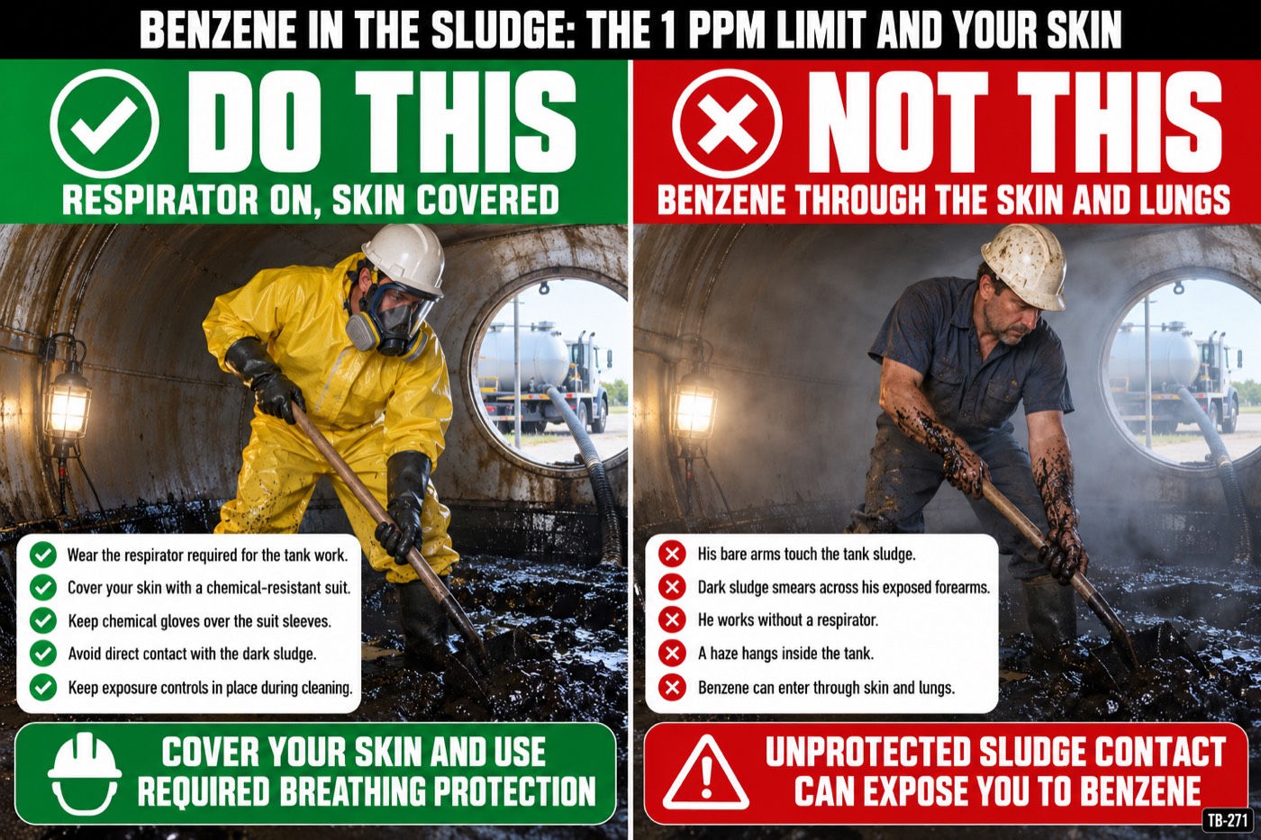 Benzene in the sludge: the 1 ppm limit and your skin: the placard for this talk