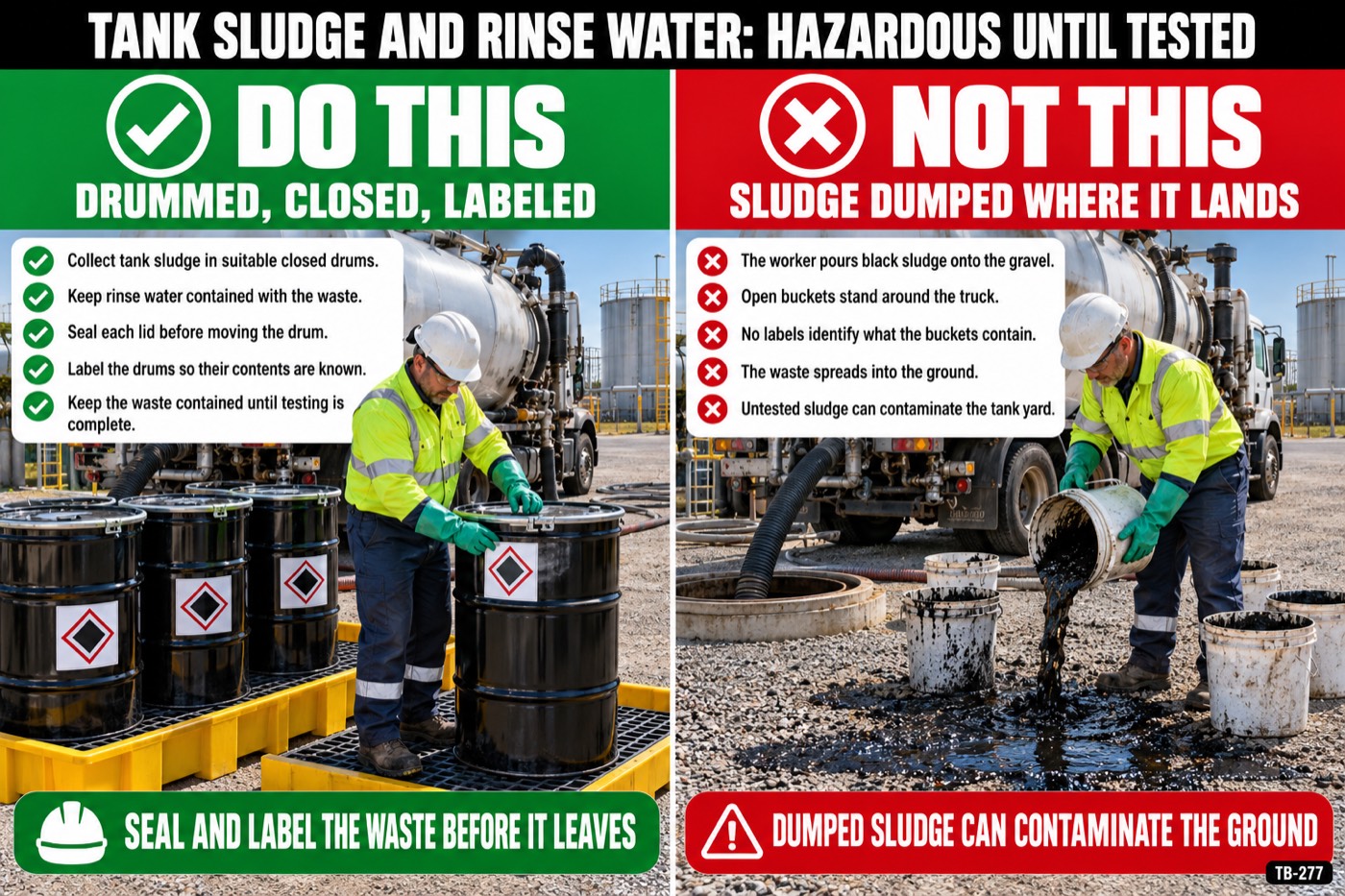 Tank sludge and rinse water: hazardous until tested: the placard for this talk