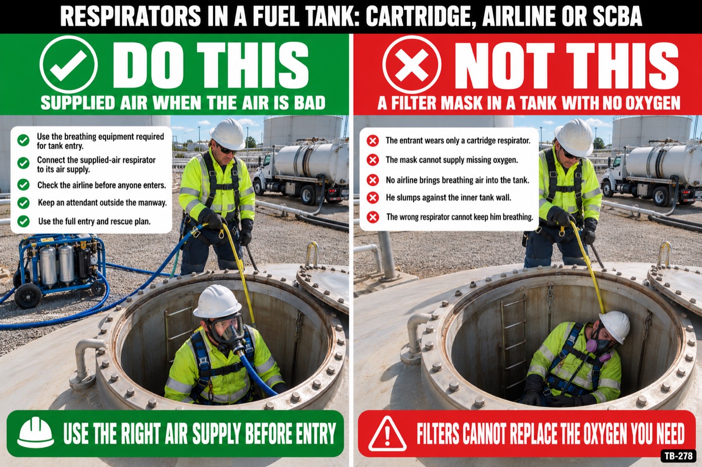 Respirators in a fuel tank: cartridge, airline or SCBA: the placard for this talk