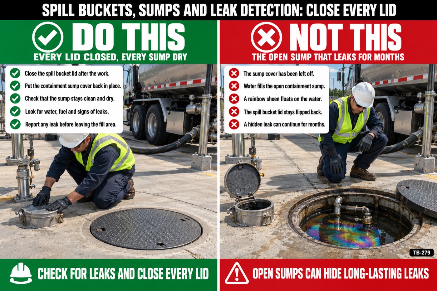Spill buckets, sumps and leak detection: close every lid: the placard for this talk