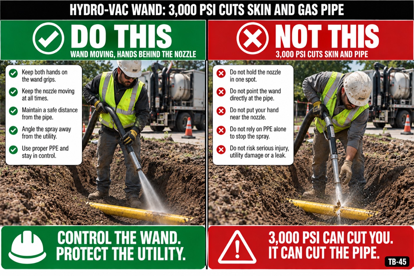 Hydro-vac wand: 3,000 PSI cuts skin and gas pipe: the placard for this talk