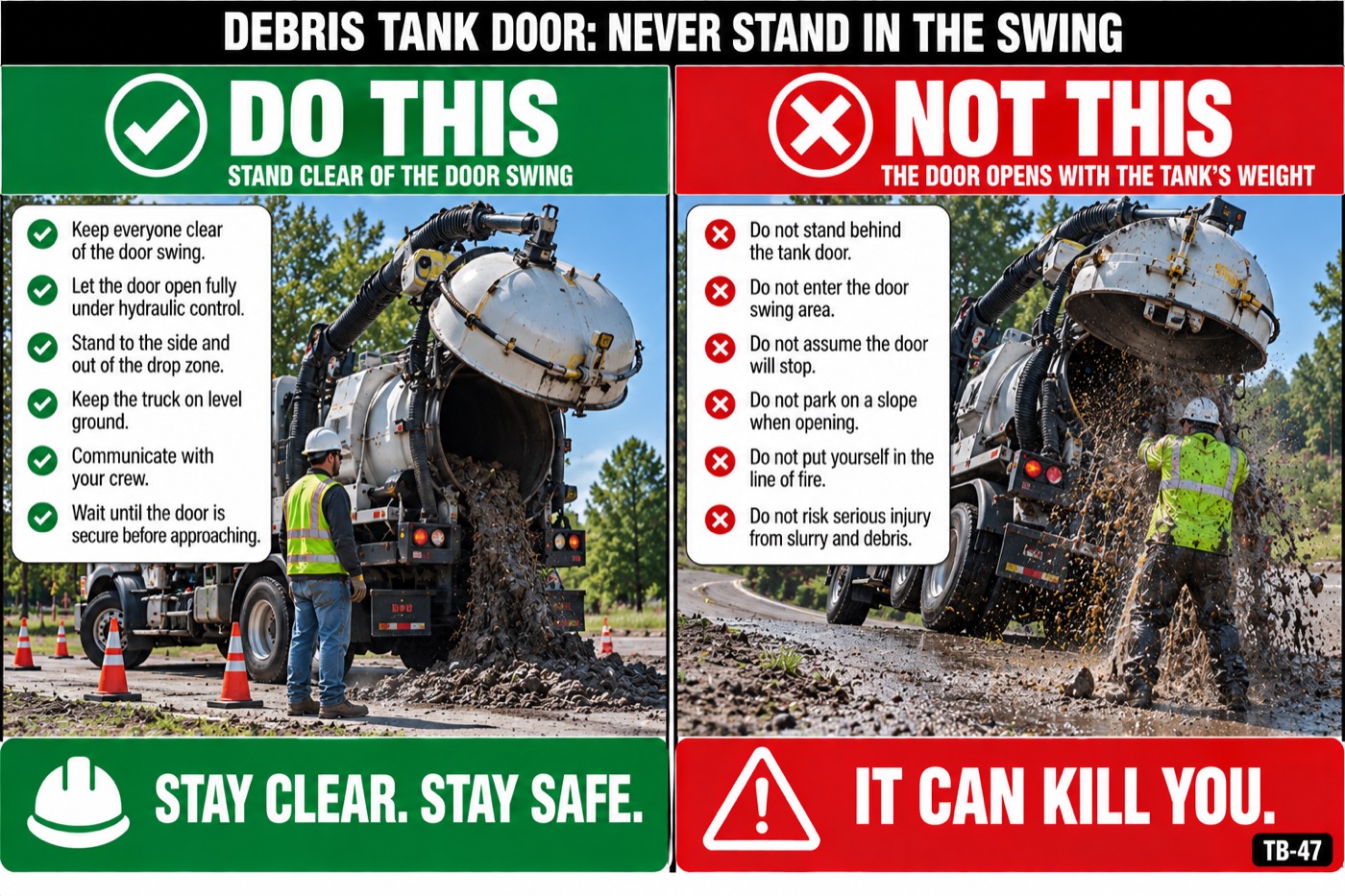 Debris tank door: never stand in the swing: the placard for this talk