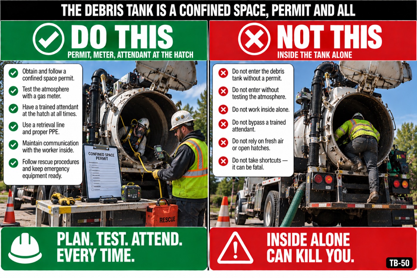 The debris tank is a confined space, permit and all: the placard for this talk