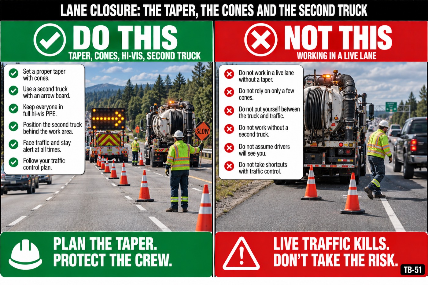 Lane closure: the taper, the cones and the second truck: the placard for this talk