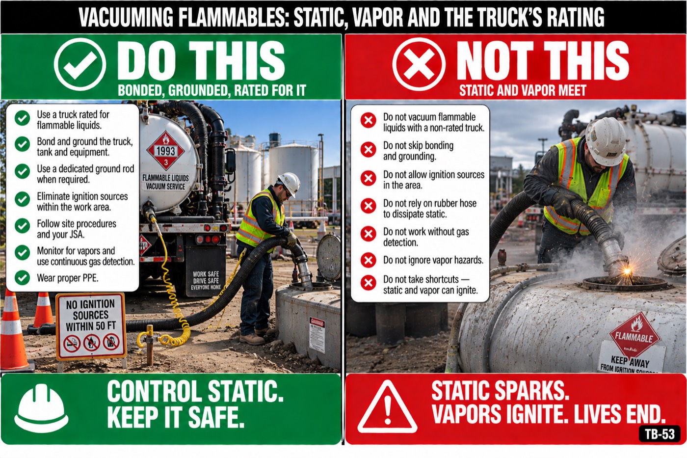 Vacuuming flammables: static, vapor and the truck's rating: the placard for this talk