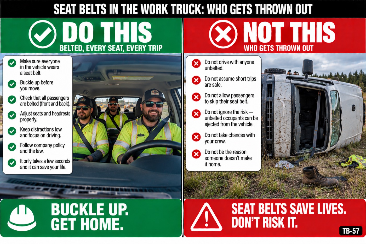 Seat belts in the work truck: who gets thrown out: the placard for this talk