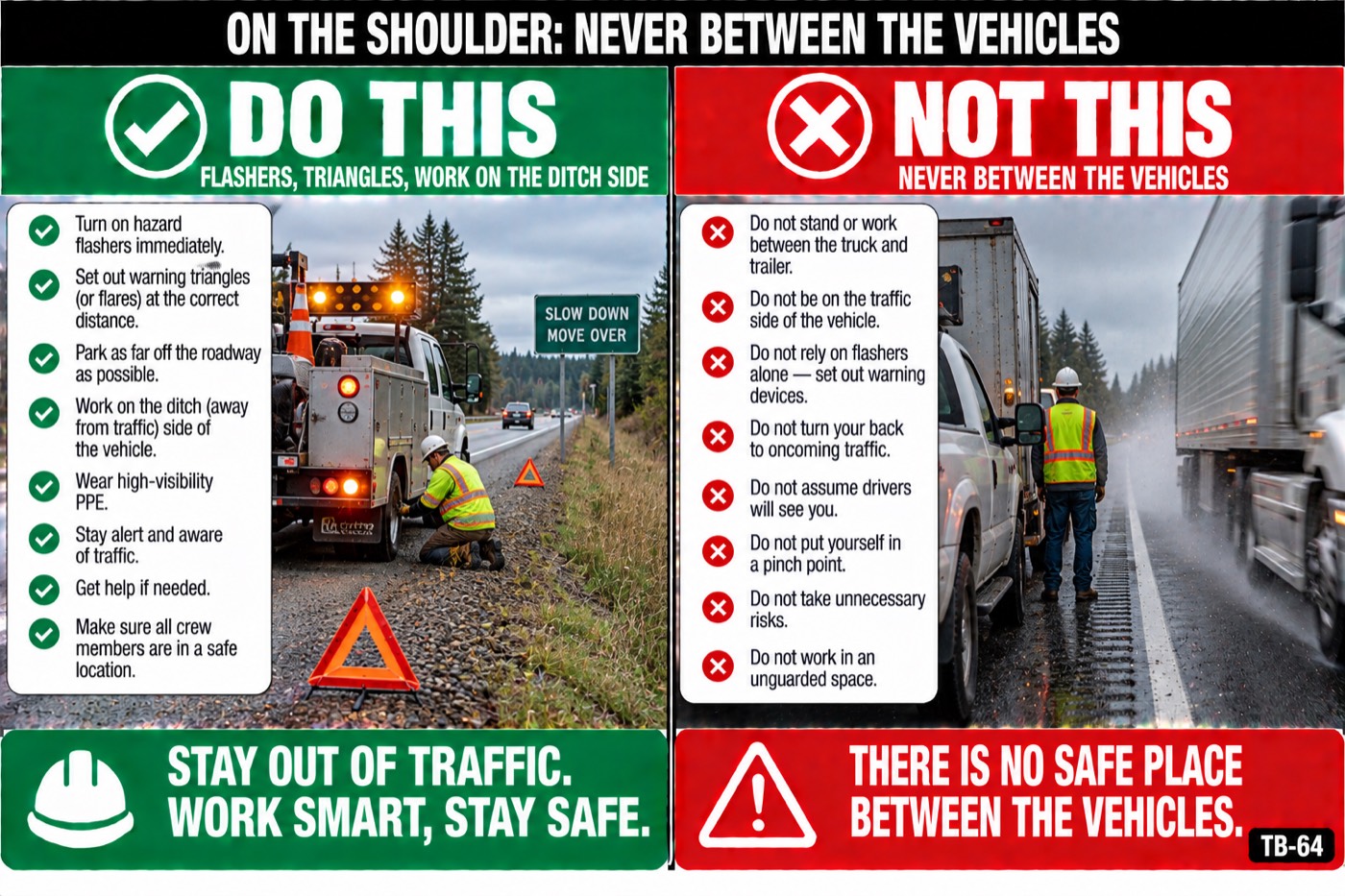 On the shoulder: never between the vehicles: the placard for this talk