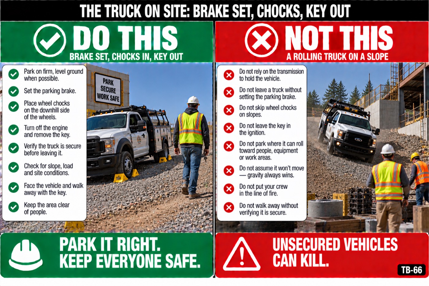The truck on site: brake set, chocks, key out: the placard for this talk