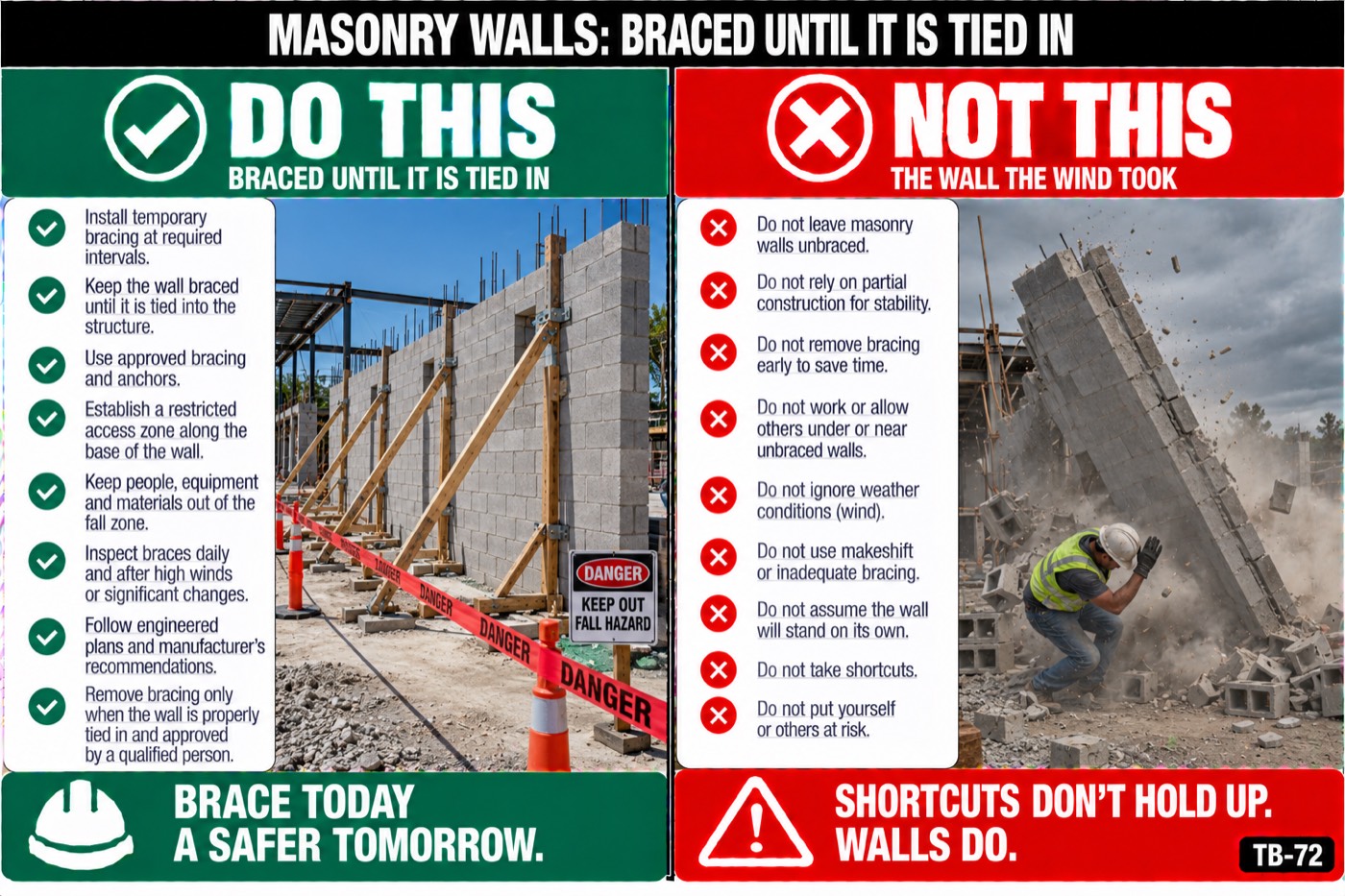 Masonry walls: braced until it is tied in: the placard for this talk