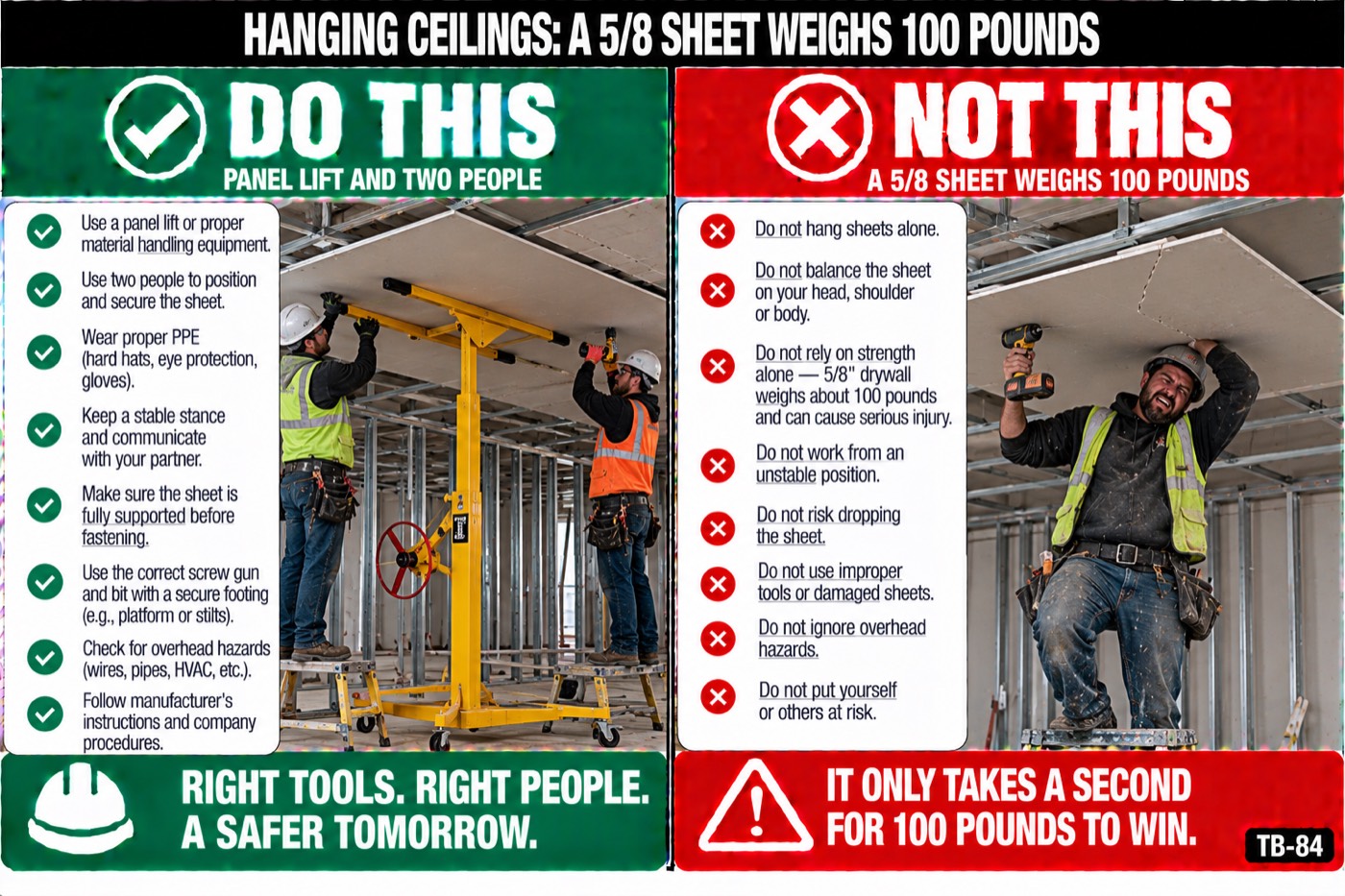 Hanging ceilings: a 5/8 sheet weighs 100 pounds: the placard for this talk