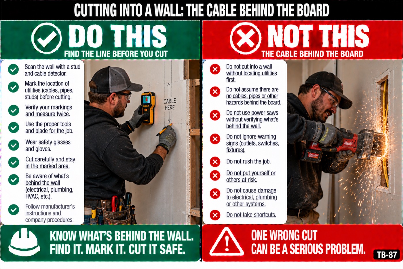 Cutting into a wall: the cable behind the board: the placard for this talk