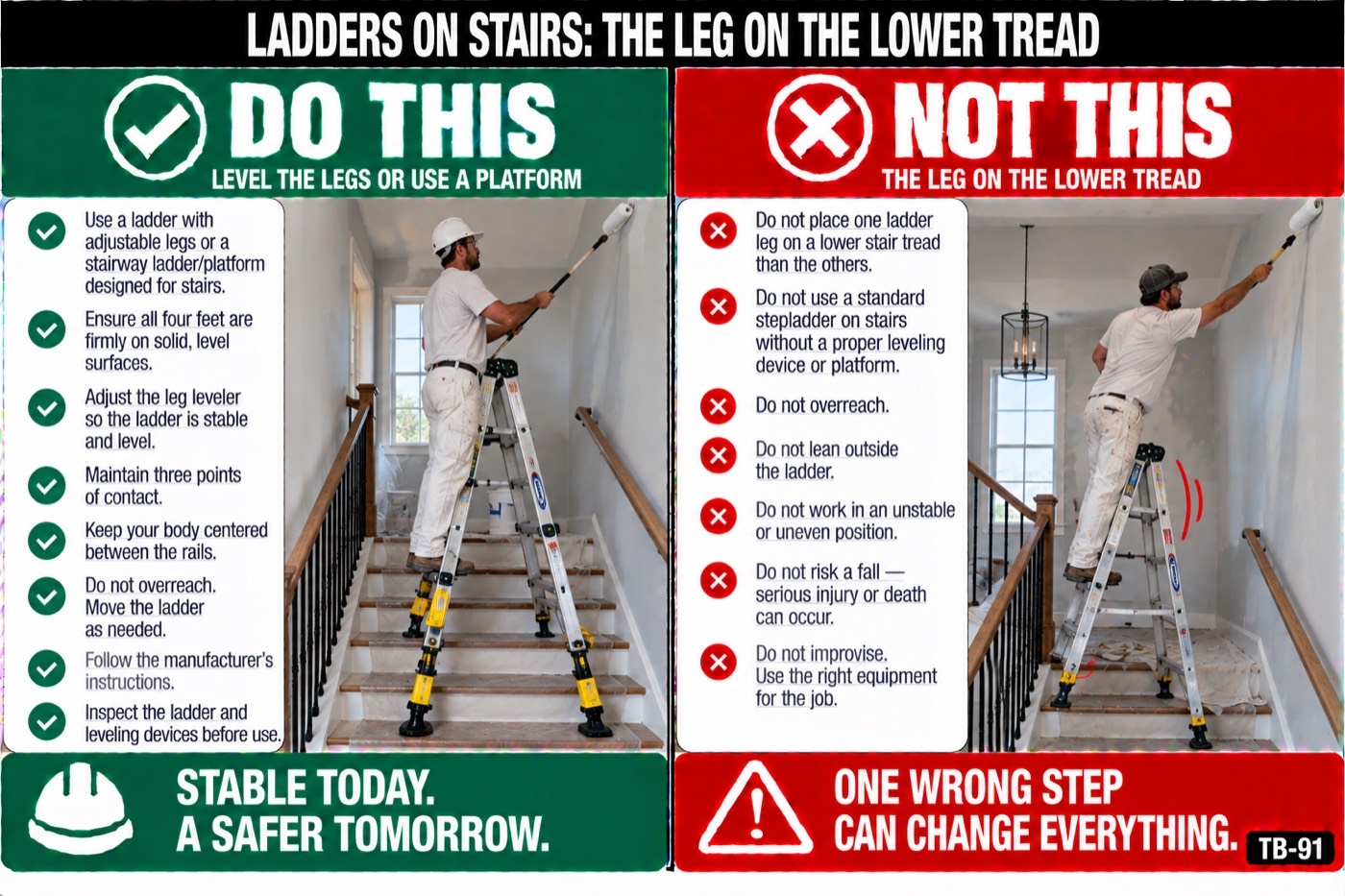 Ladders on stairs: the leg on the lower tread: the placard for this talk