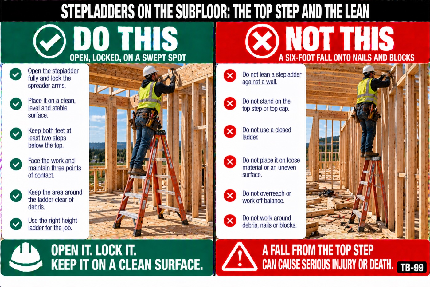 Stepladders on the subfloor: the top step and the lean: the placard for this talk